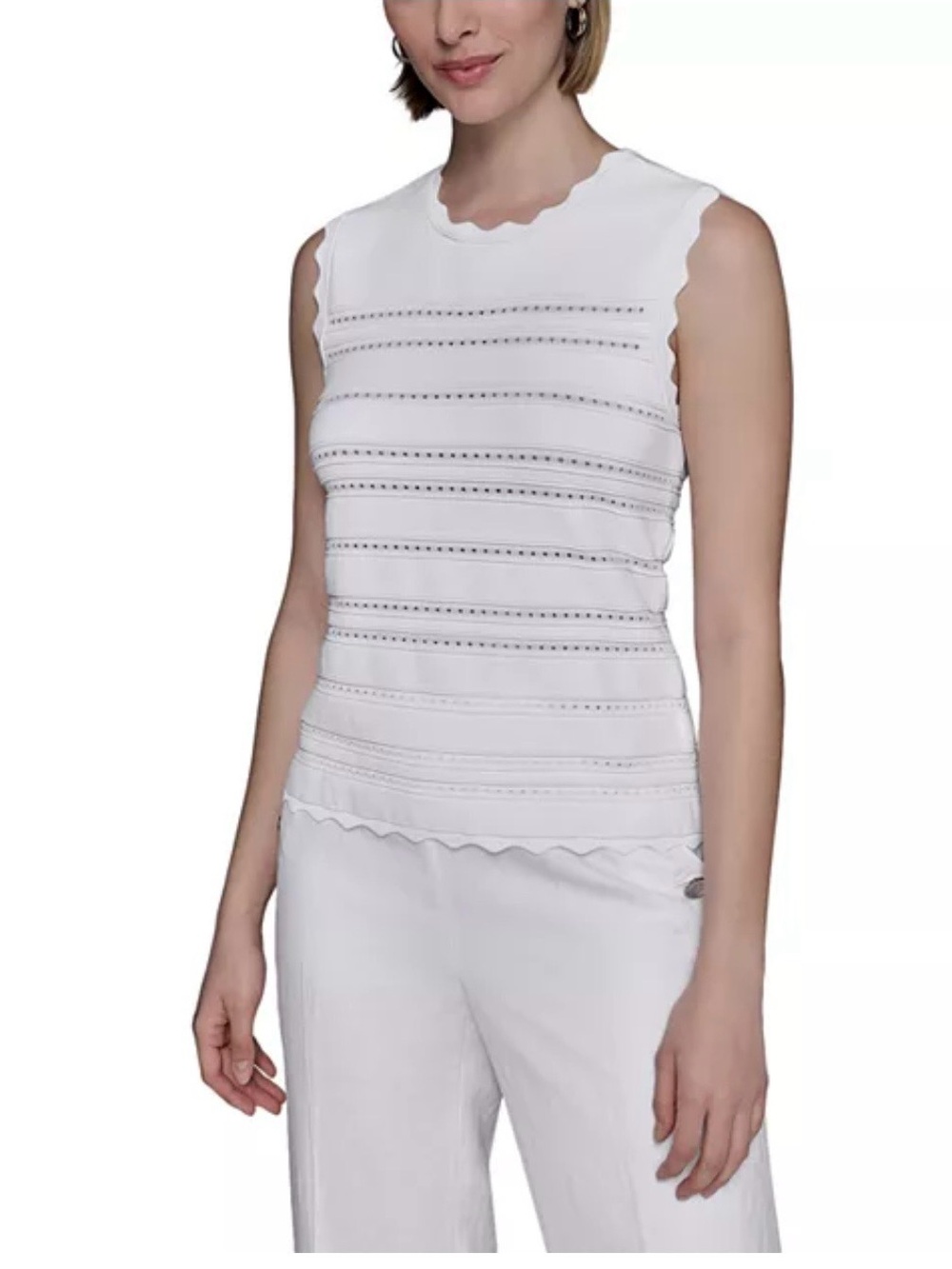 Karl Lagerfeld Paris Scalloped Edge White Sleeveless Eyelet Knit Top NWT Sz Lg